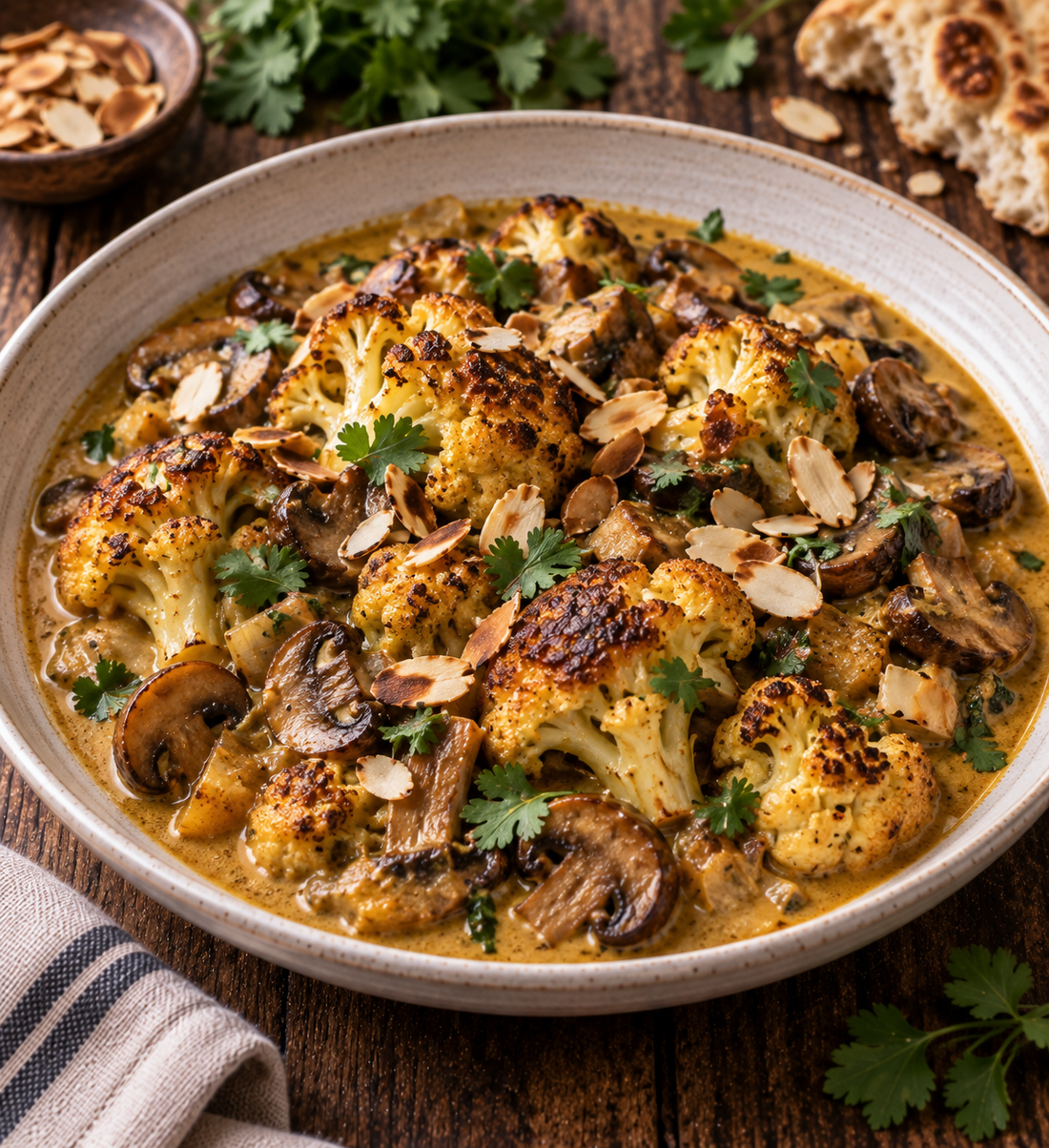 Roast cauliflower and mushroom curry with toasted almonds