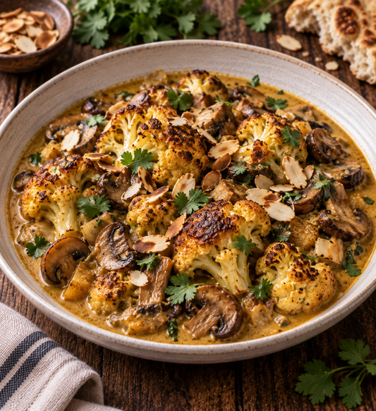 Roast cauliflower and mushroom curry with toasted almonds