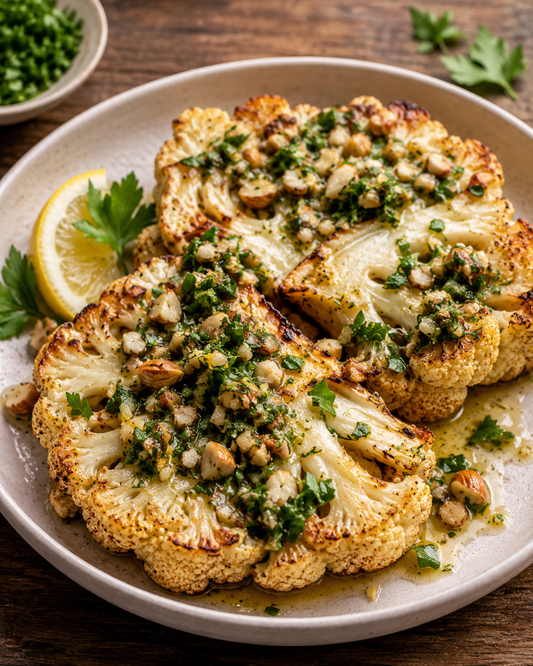 Roast cauliflower steaks with almond, lemon and parsley dressing