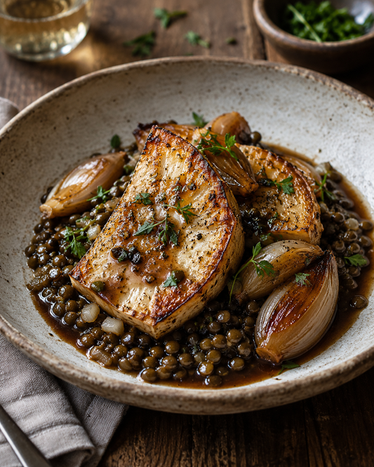 Roast celeriac with Puy lentils, braised shallots and peppercorn jus