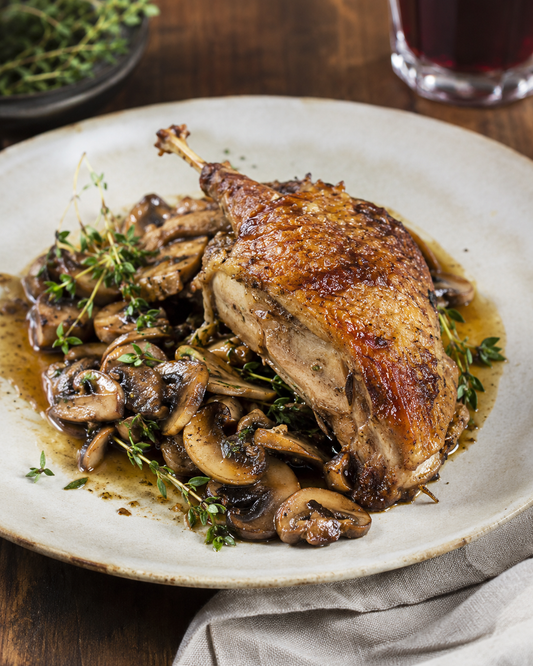 Roast guinea fowl with mushrooms and thyme