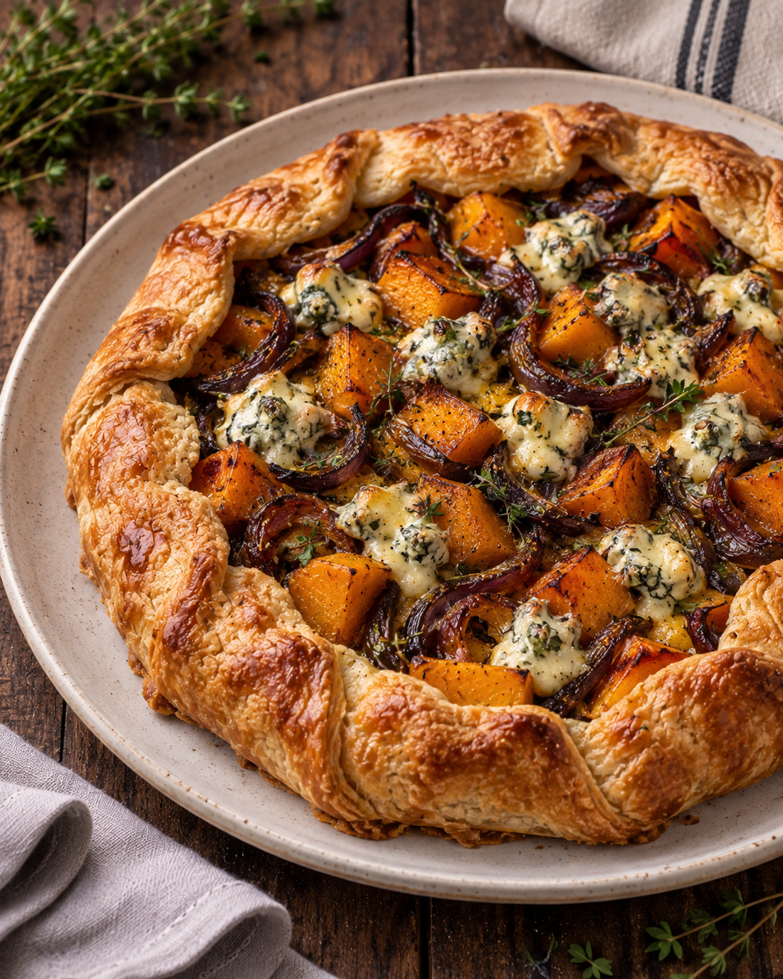 Roast squash, blue cheese and caramelised onion galette