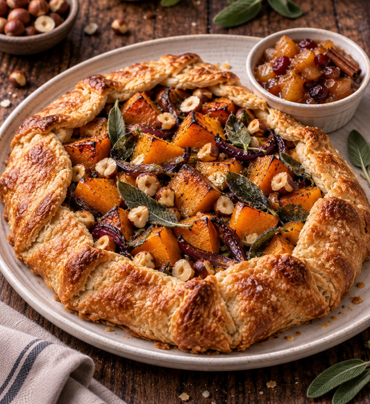 Roast squash, sage and hazelnut galette with spiced apple chutney