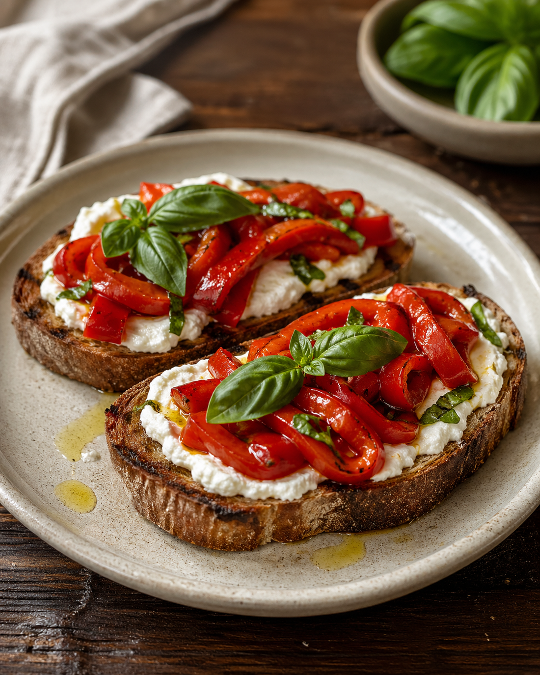 Roasted red pepper and ricotta bruschetta with basil