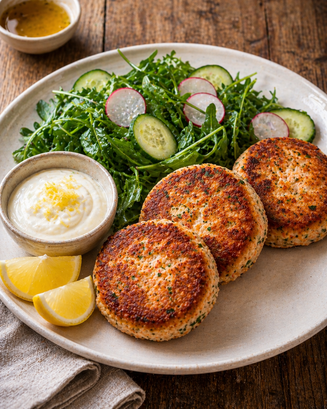 Salmon fishcakes with lemony crème fraîche and a green salad