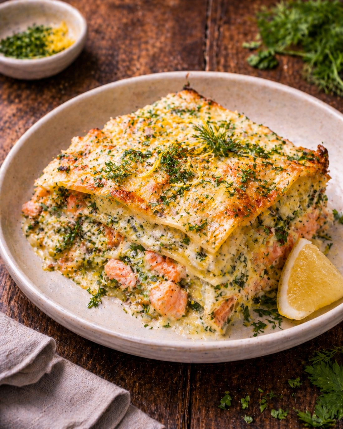Salmon lasagne with herbs and lemon