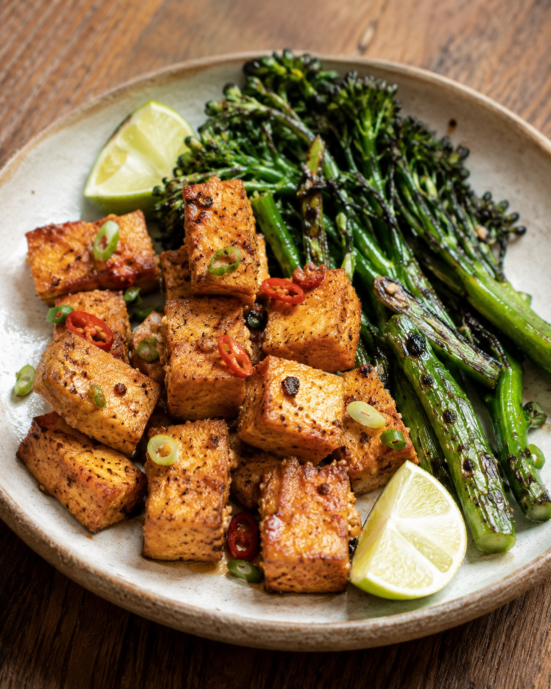 Salt-and-pepper tofu with charred tenderstem and lime