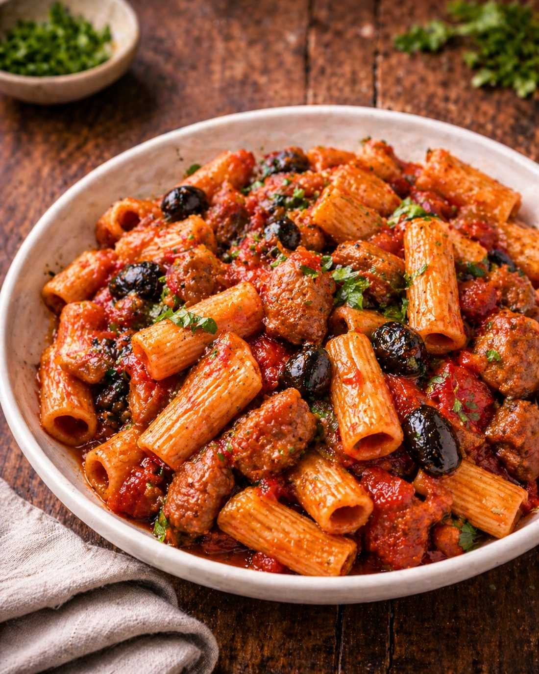 Sausage and black olive rigatoni