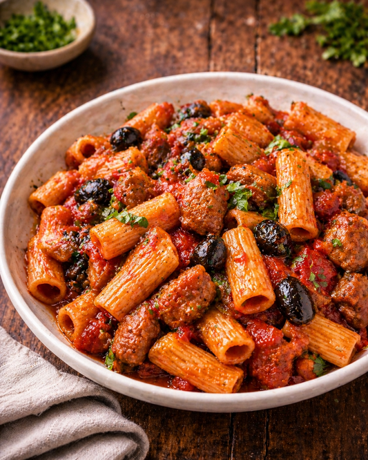 Sausage and black olive rigatoni