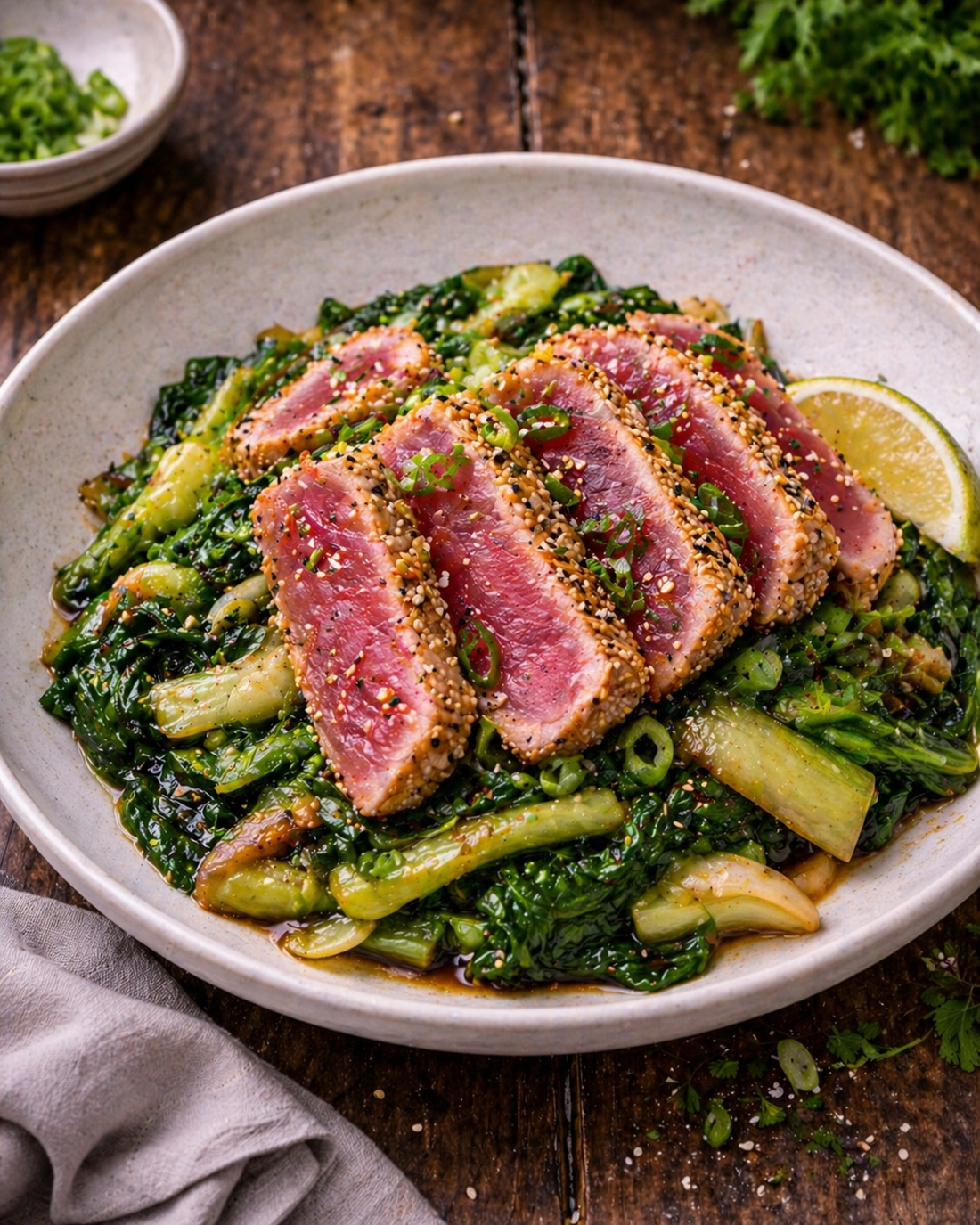 Seared tuna with sesame, soy and ginger greens