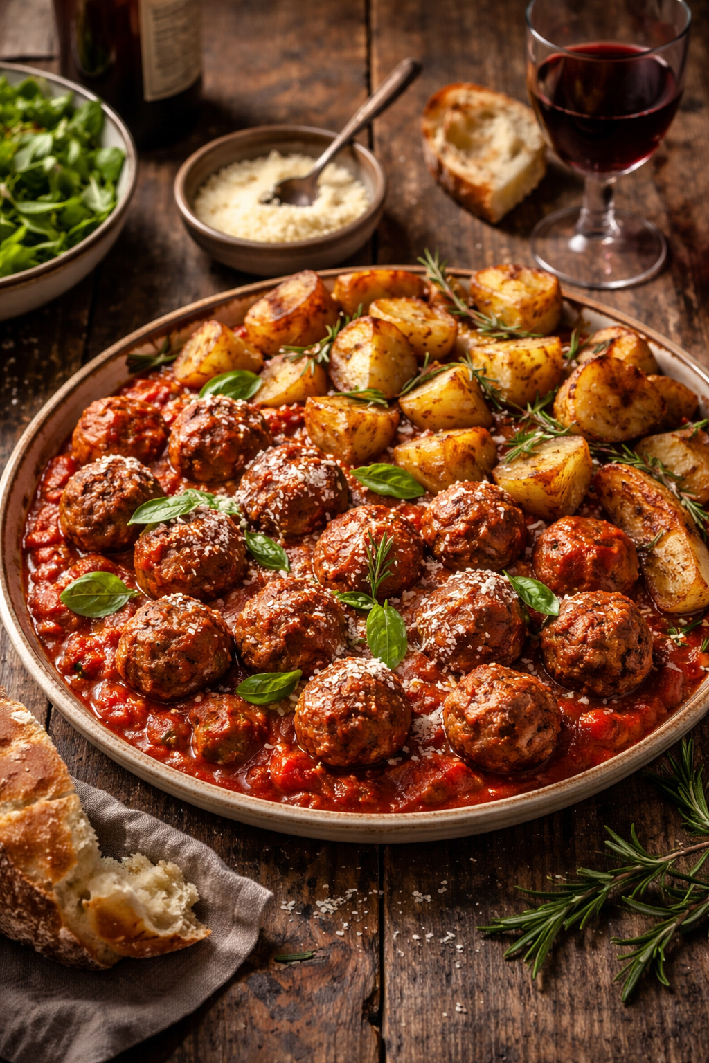 Sicilian-Style Meatballs in Tomato Sauce with Rosemary Potatoes