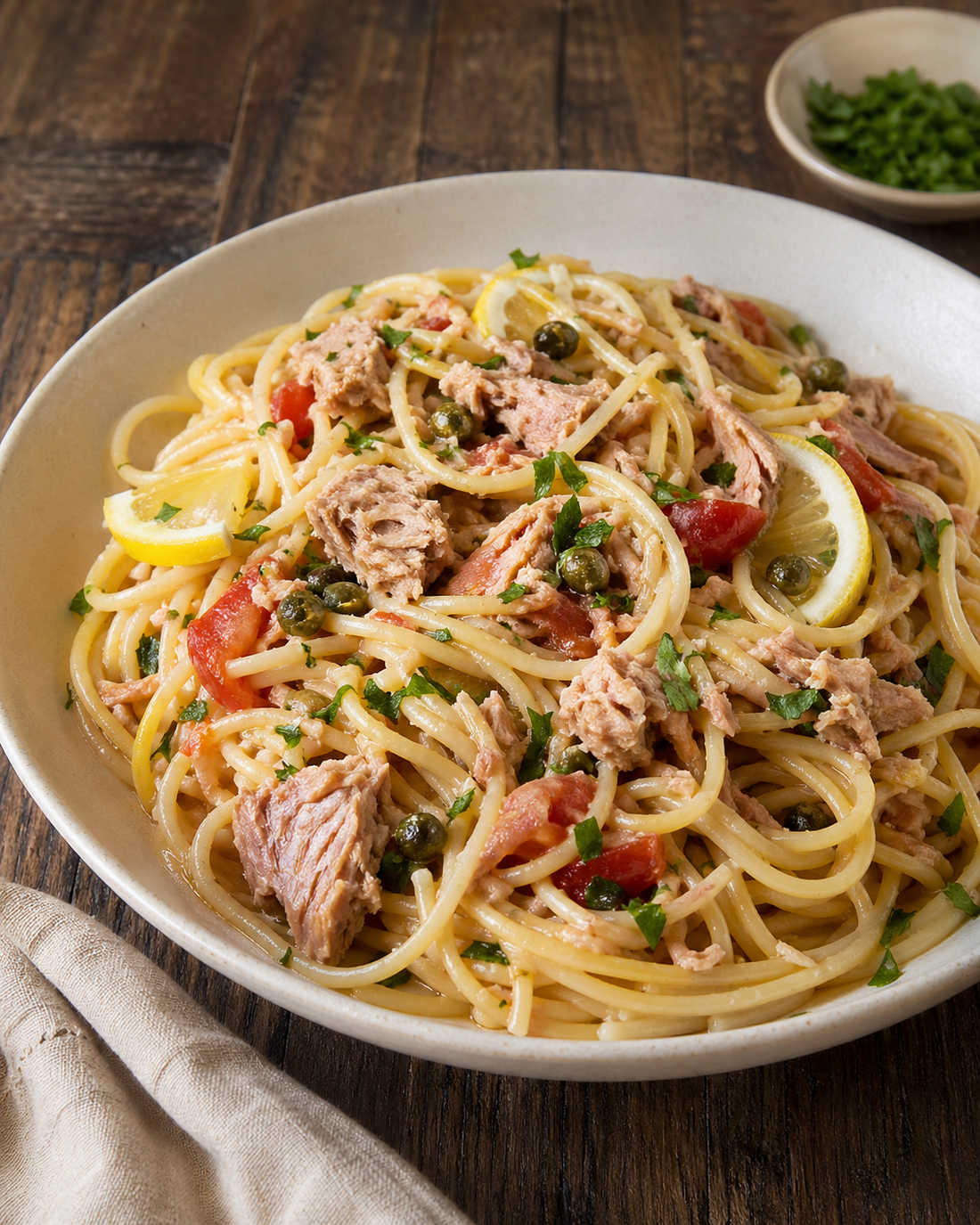 Sicilian-style tuna pasta with capers, lemon and parsley