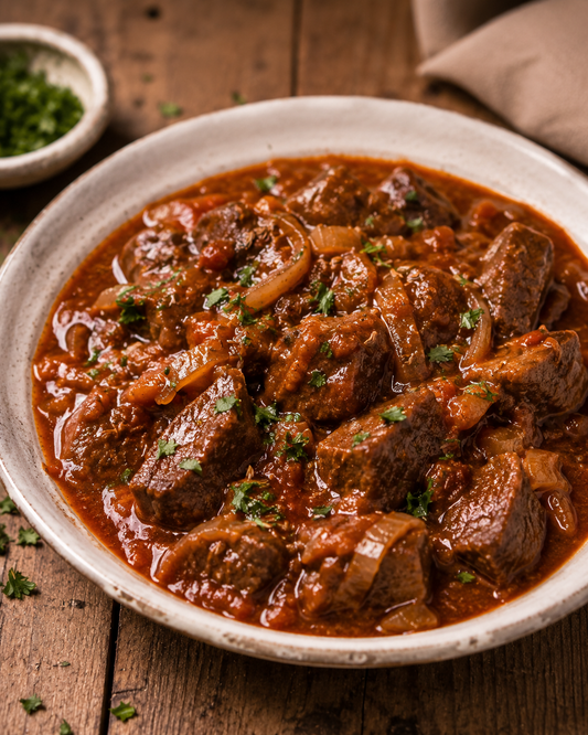 Slow-braised beef goulash with sweet paprika and caraway