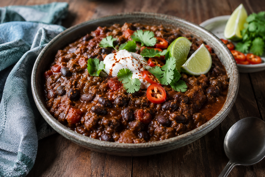 Slow-cooked beef chilli with black beans, smoked paprika and lime