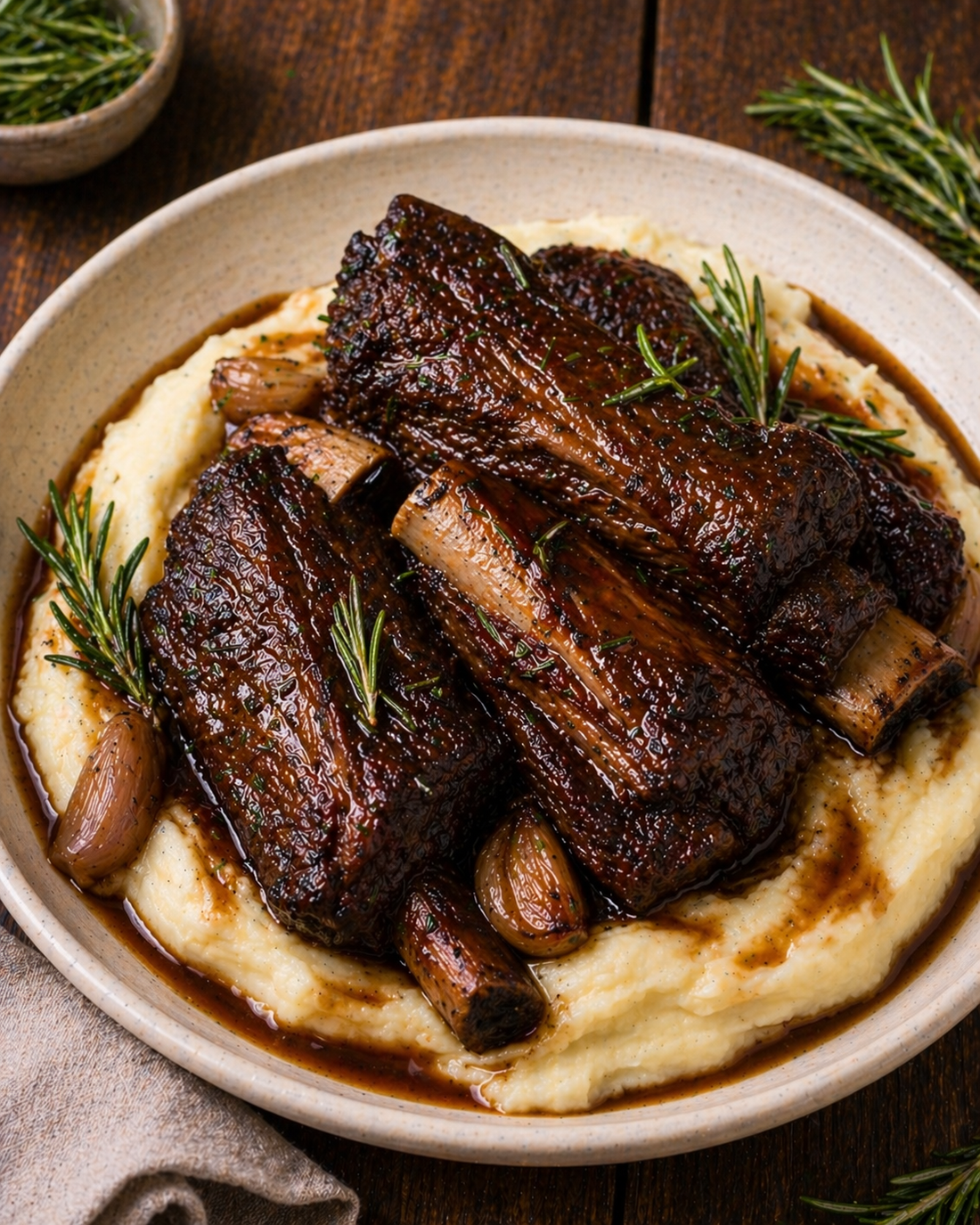 Slow-cooked beef short ribs with rosemary mash