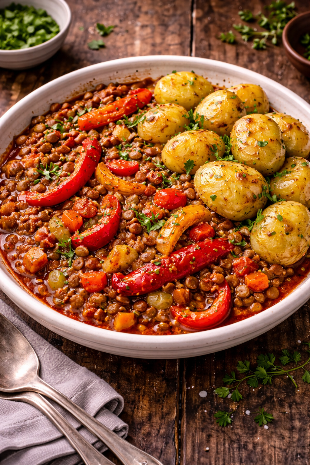 Smoky Lentil and Roasted Pepper Stew with Olive Oil Potatoes