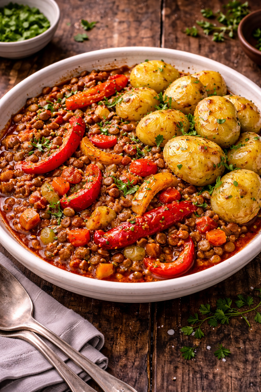 Smoky Lentil and Roasted Pepper Stew with Olive Oil Potatoes