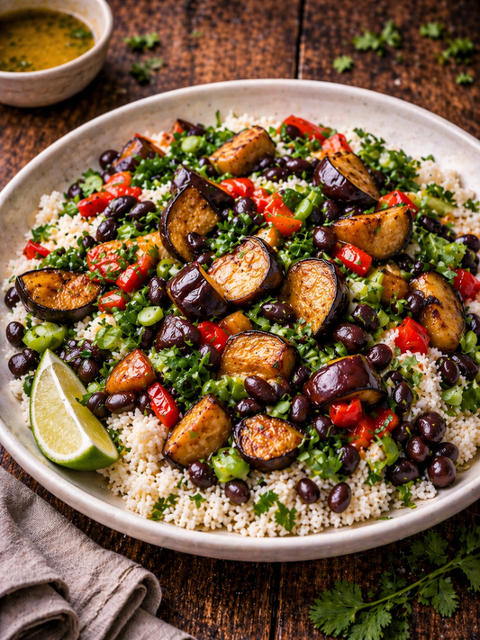 Smoky aubergine, black bean and lime rice bowl
