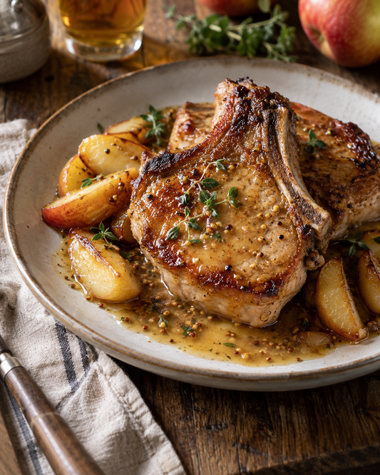 Somerset pork chops with cider, mustard and caramelised apples