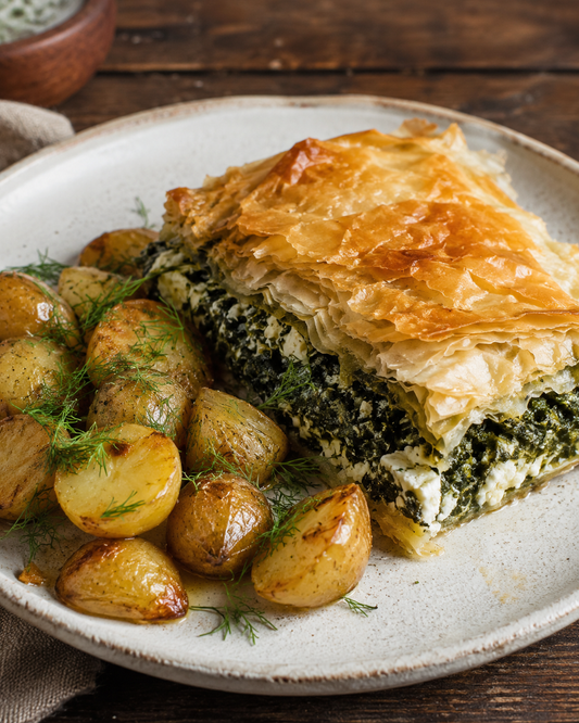 Spanakopita with roasted potatoes and dill