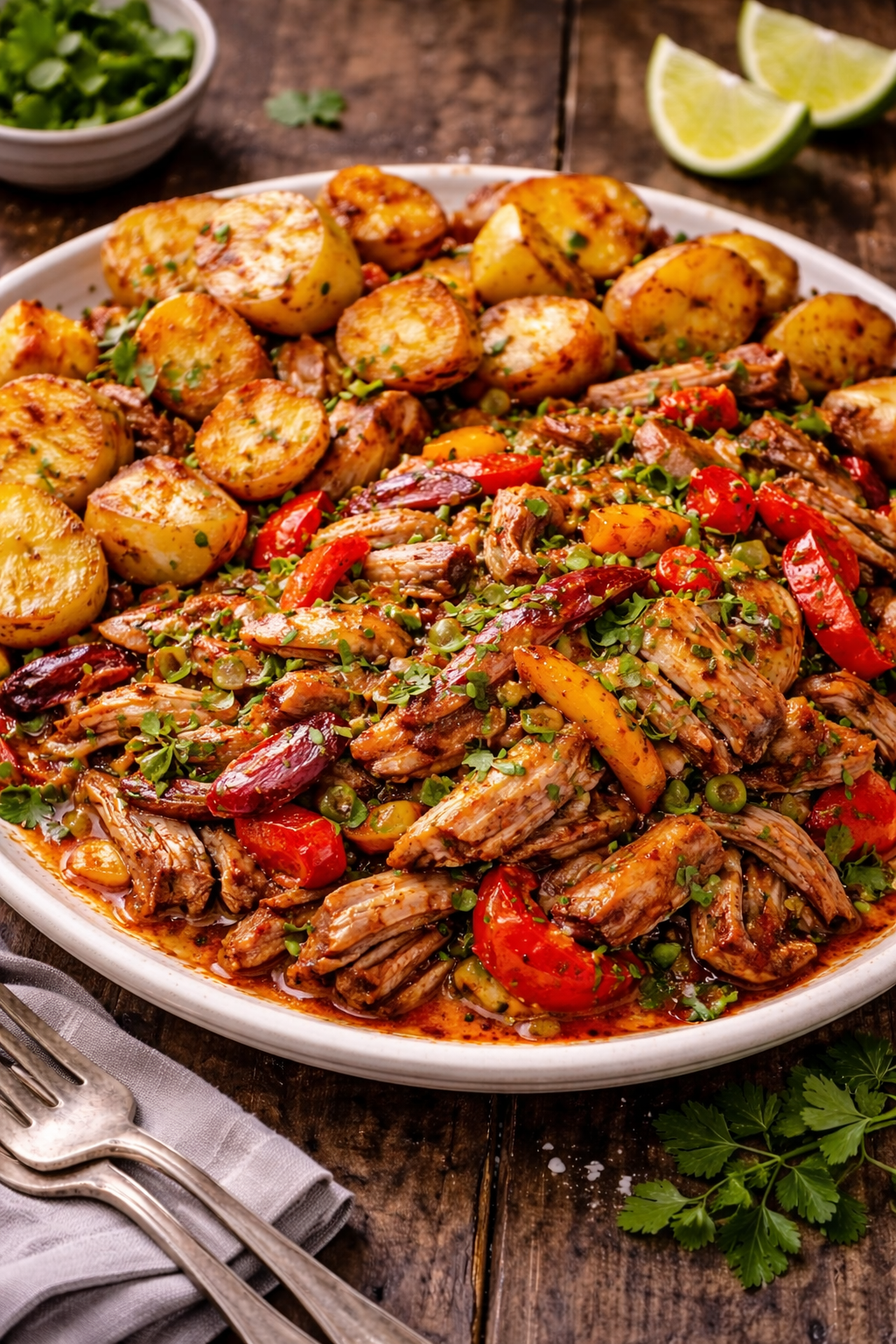 Spanish-Style Pork Shoulder with Smoked Paprika, Roast Peppers and Crispy Potatoes