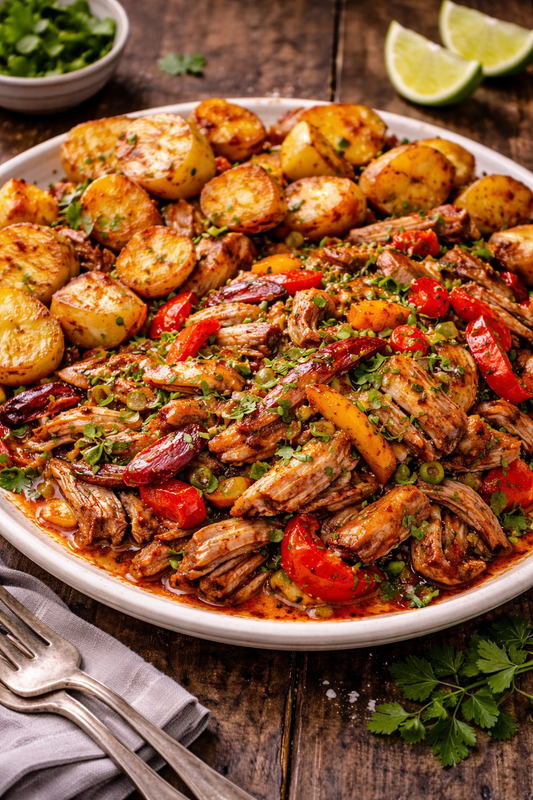 Spanish-Style Pork Shoulder with Smoked Paprika, Roast Peppers and Crispy Potatoes