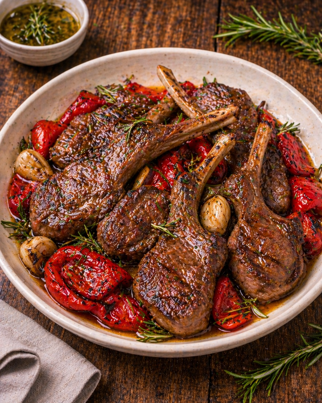 Spanish-style lamb cutlets with rosemary, garlic and roast peppers