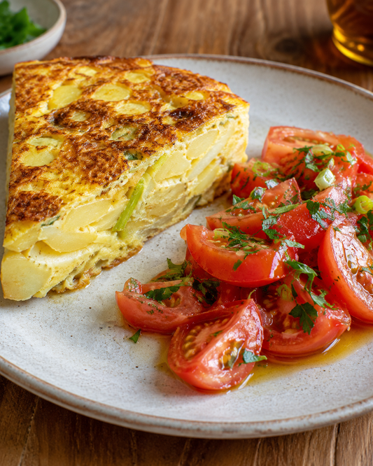 Spanish tortilla with spring onions and a lemon-dressed tomato salad