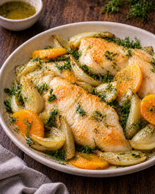 Spiced fish with fennel, orange and herbs