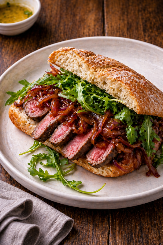 Steak sandwich with caramelised onions and peppery rocket