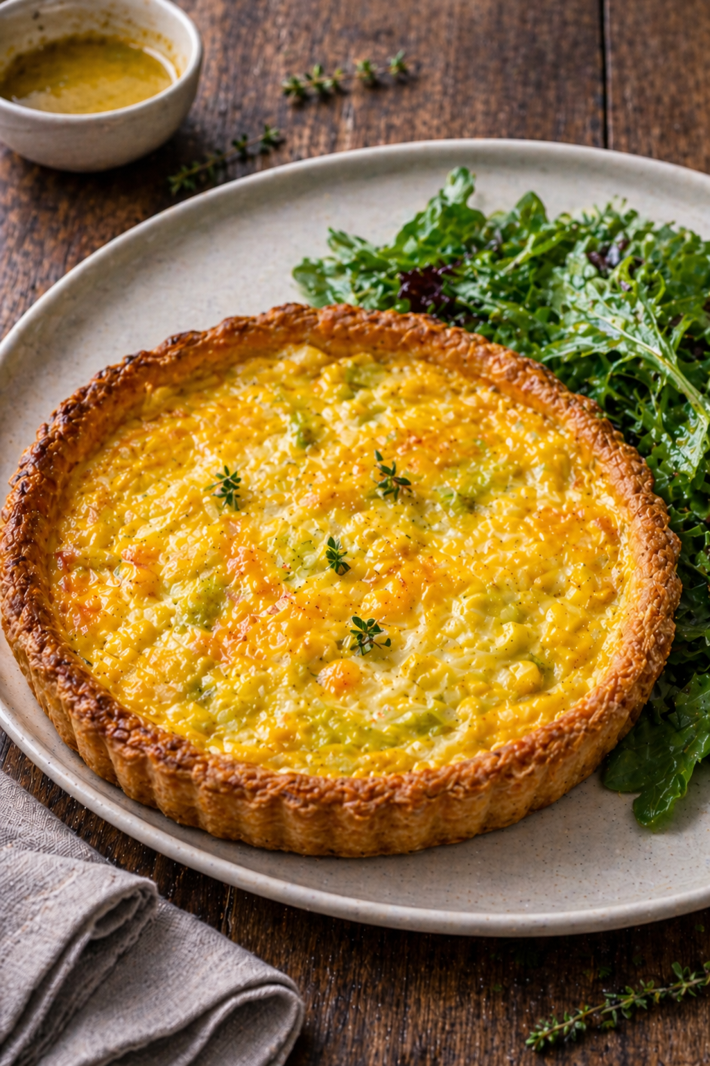 Sweetcorn, leek and cheddar tart