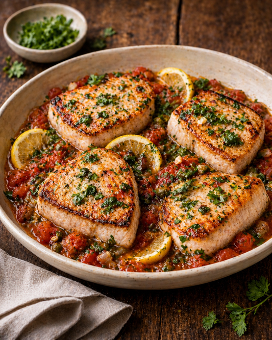Swordfish with tomato, capers and oregano