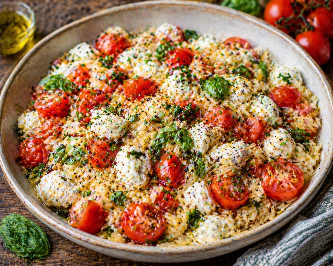 Tomato, basil and mozzarella orzo salad