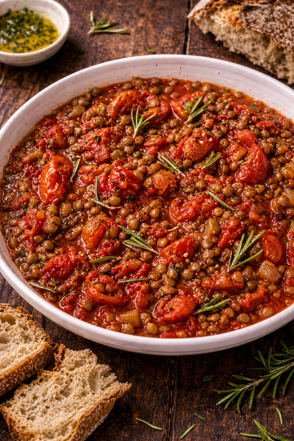 Tomato, lentil and rosemary stew with crusty bread
