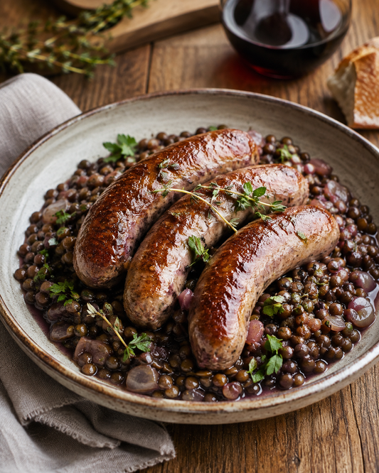Toulouse-style sausages with lentils, herbs and red wine