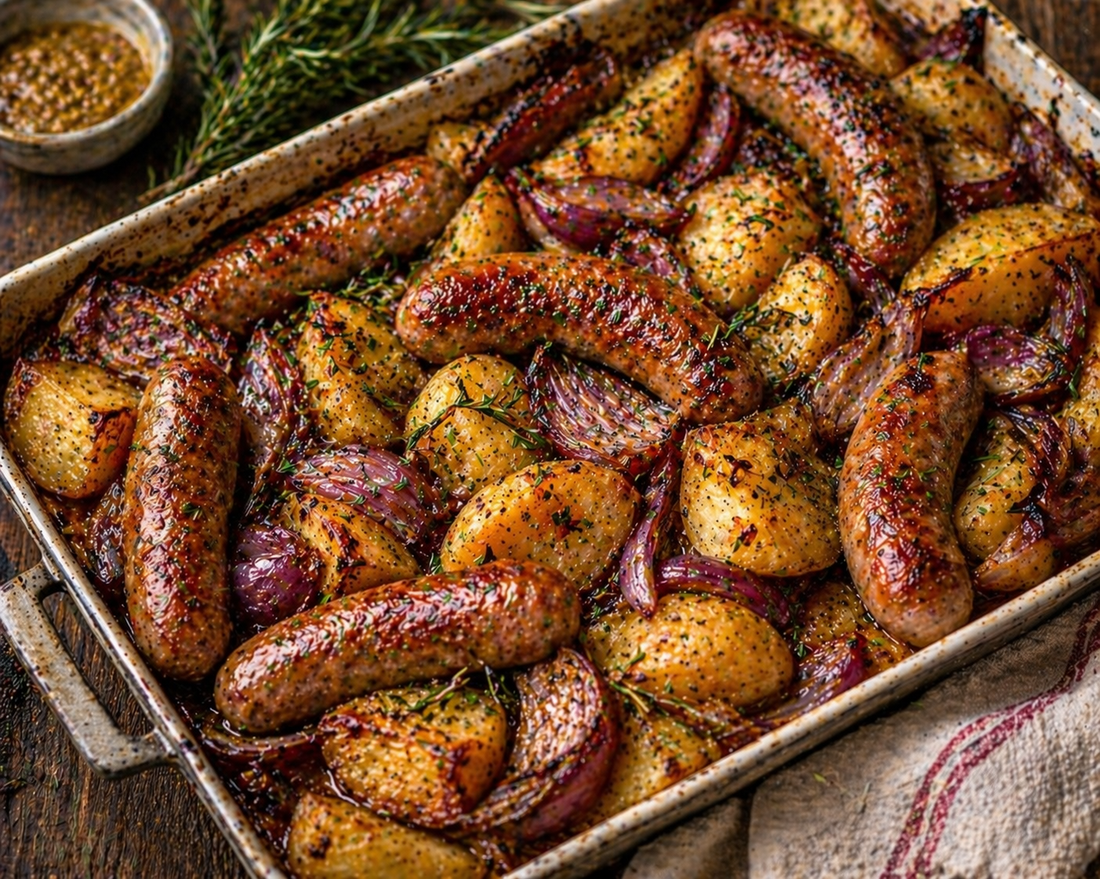 Tuscan-Style Sausages with Rosemary Potatoes and Roasted Onions