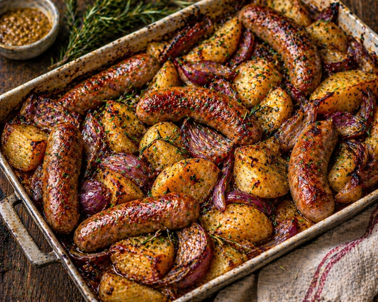 Tuscan-Style Sausages with Rosemary Potatoes and Roasted Onions