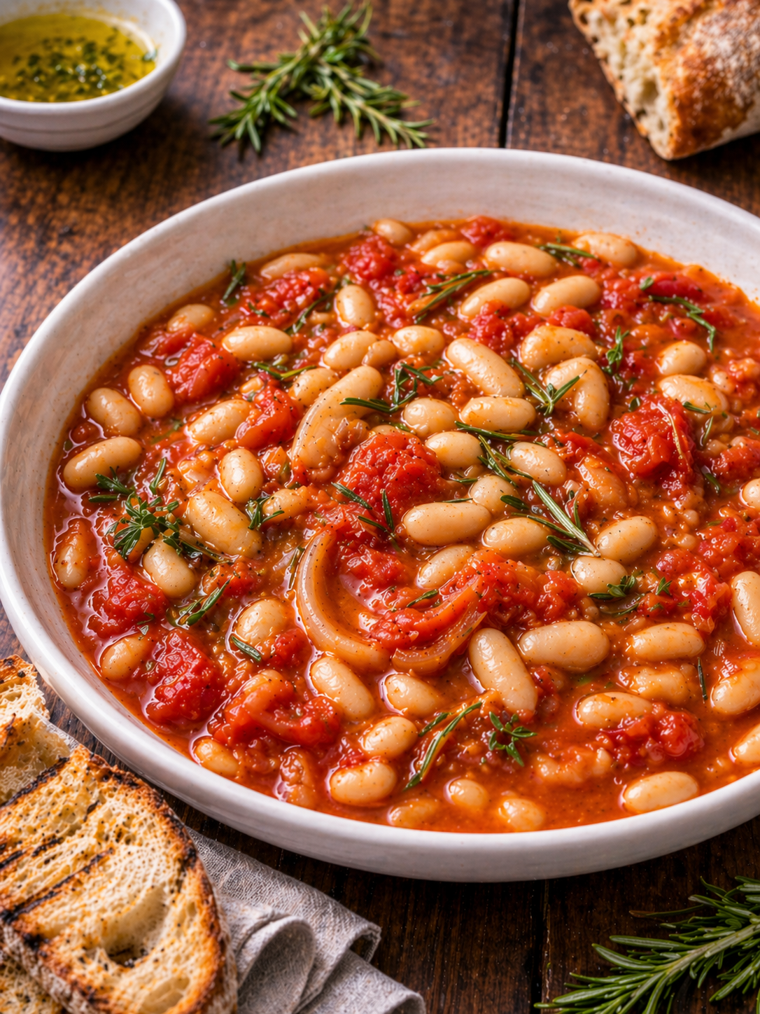Tuscan-style white bean and tomato stew with rosemary and grilled sourdough