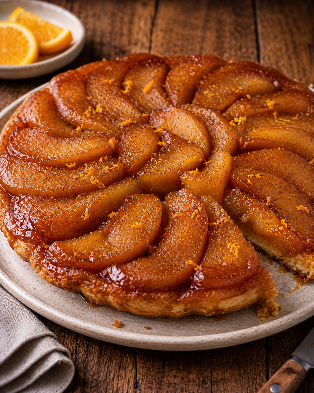 Vegan apple tarte tatin with orange and cinnamon