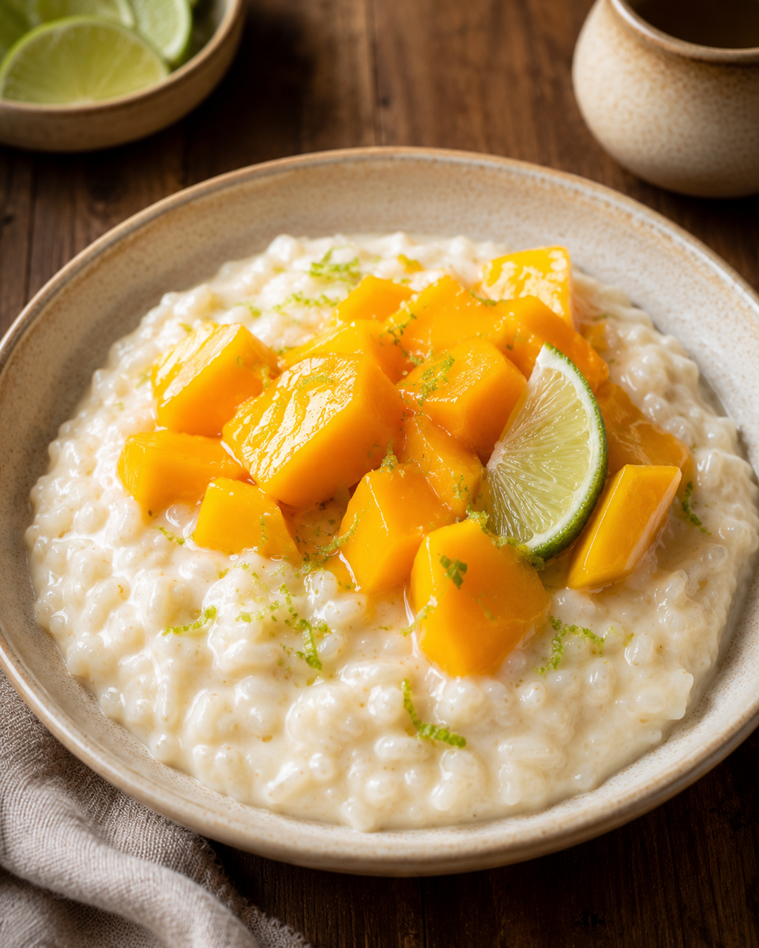Vegan coconut rice pudding with mango and lime