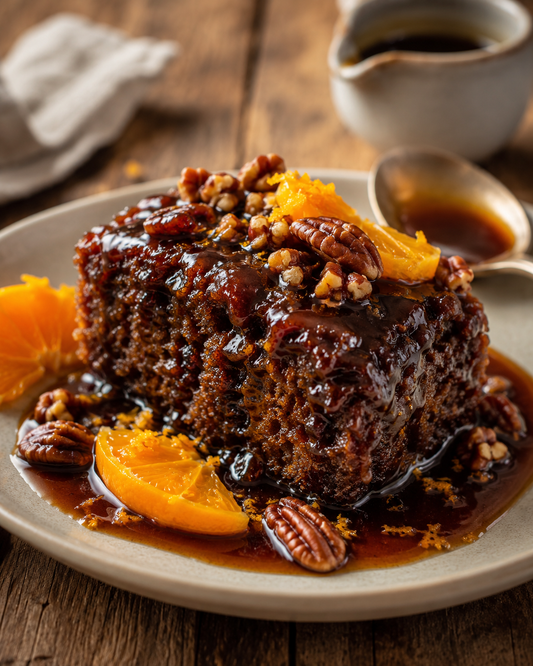 Vegan sticky date pudding with orange, pecans and warm treacle sauce