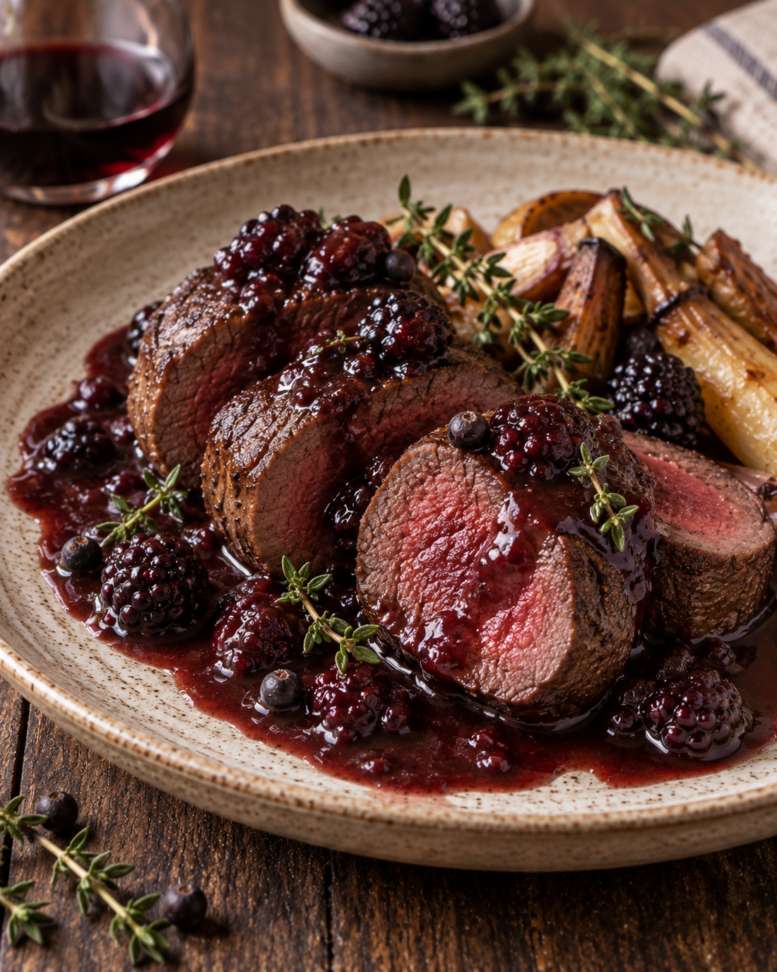 Venison loin with blackberry, juniper and red wine sauce