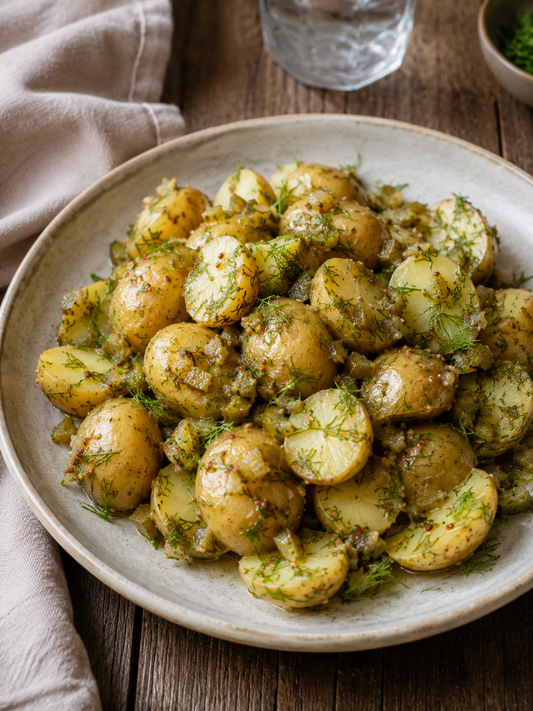 Warm potato salad with mustard, dill and cornichons