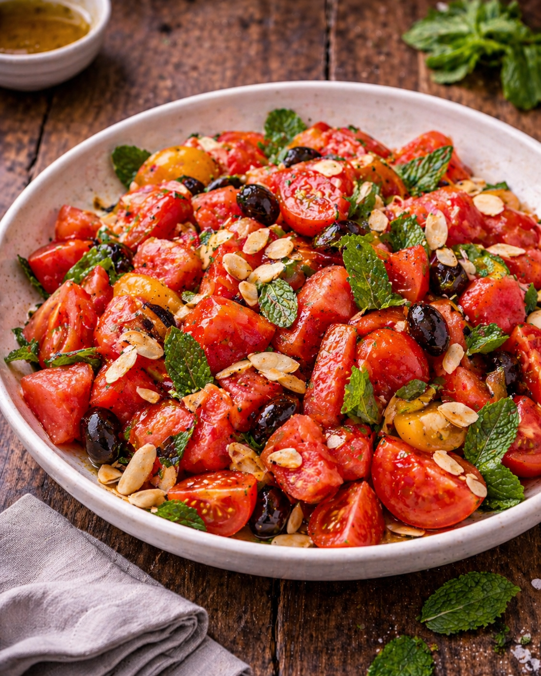 Watermelon, tomato and olive salad with mint and toasted almonds