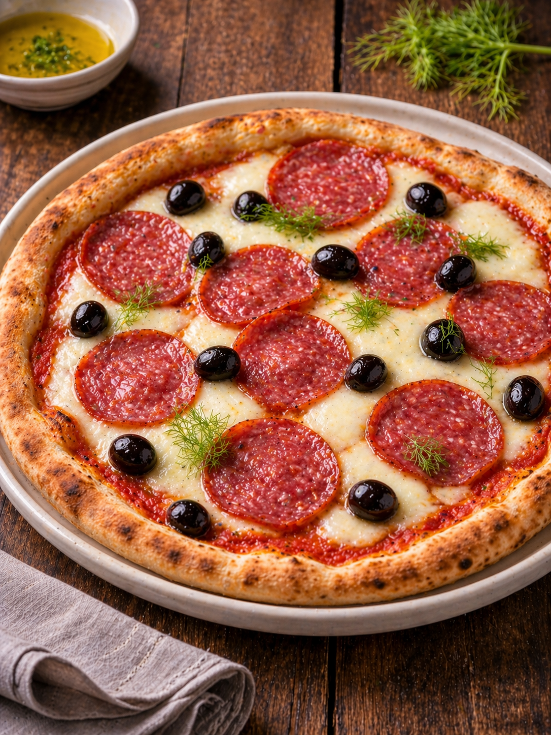 Wood-fired pizza with fennel salami, mozzarella and black olives